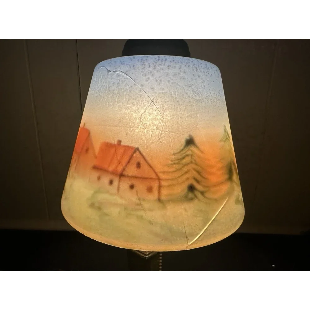 Antique Reverse Painted Table Lamp Brass Scenic Shade‎ Pull Chain 14